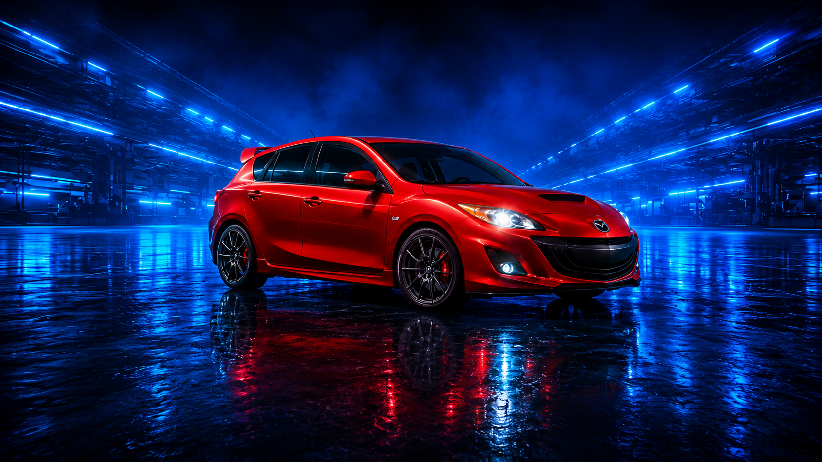 Mazdaspeed 3 rojo en ambiente futurista